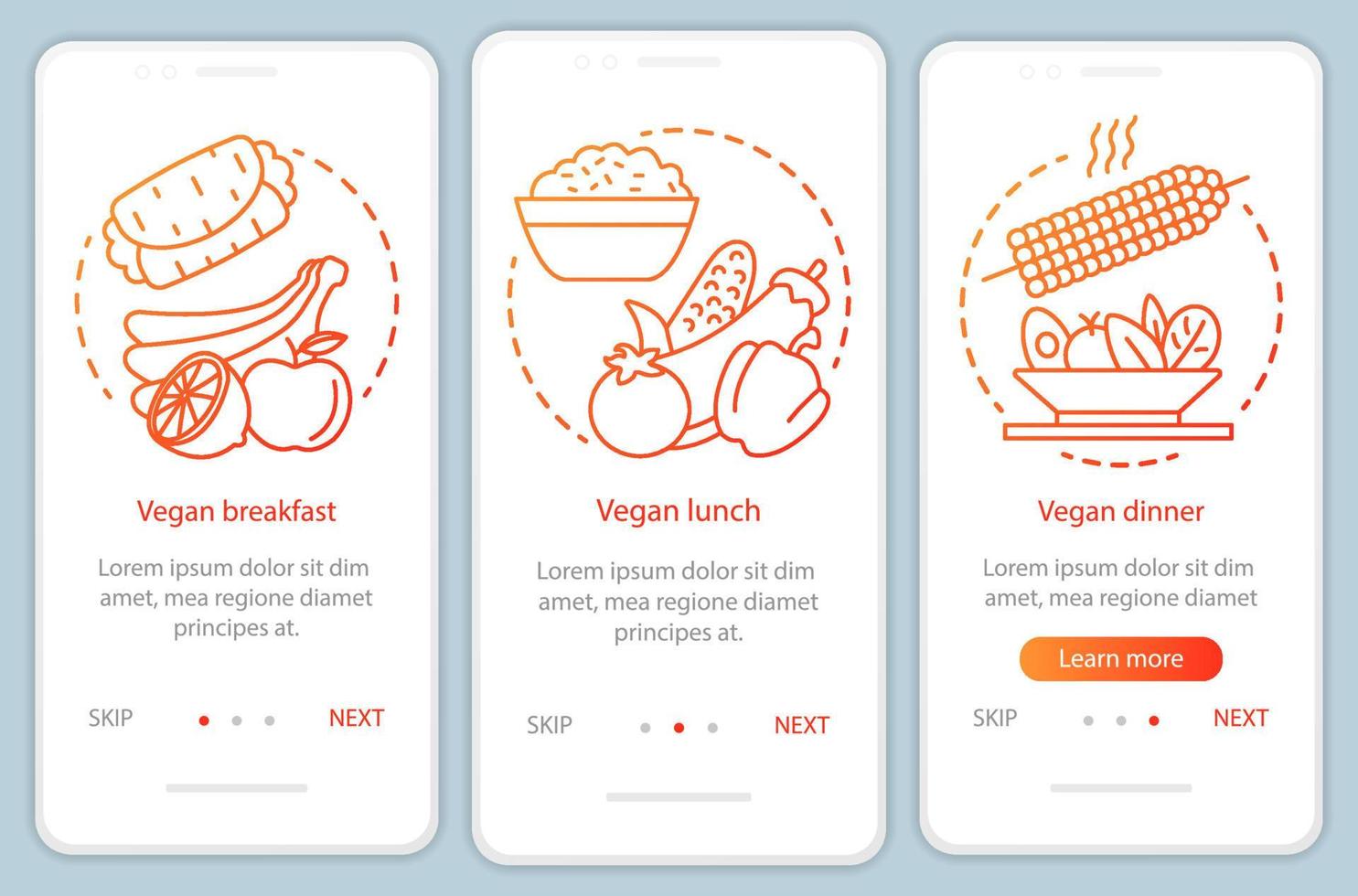 Vegan nutrition onboarding mobile app page screen vector template. Vegetarian breakfast, lunch and dinner walkthrough website steps with linear illustrations. UX, UI, GUI smartphone interface concept