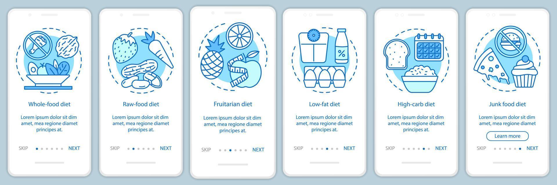 Vegetarian diets onboarding mobile app page screen vector template. Vegan lifestyle walkthrough website steps with linear illustrations. Nutrition plan. UX, UI, GUI smartphone interface concept