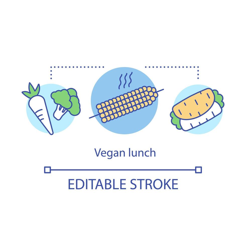 Vegan lunch, healthy lifestyle concept icon. Organic nutrition idea thin line illustration. Raw vegetables, cooked corn and vegetarian burrito vector isolated outline drawing. Editable stroke