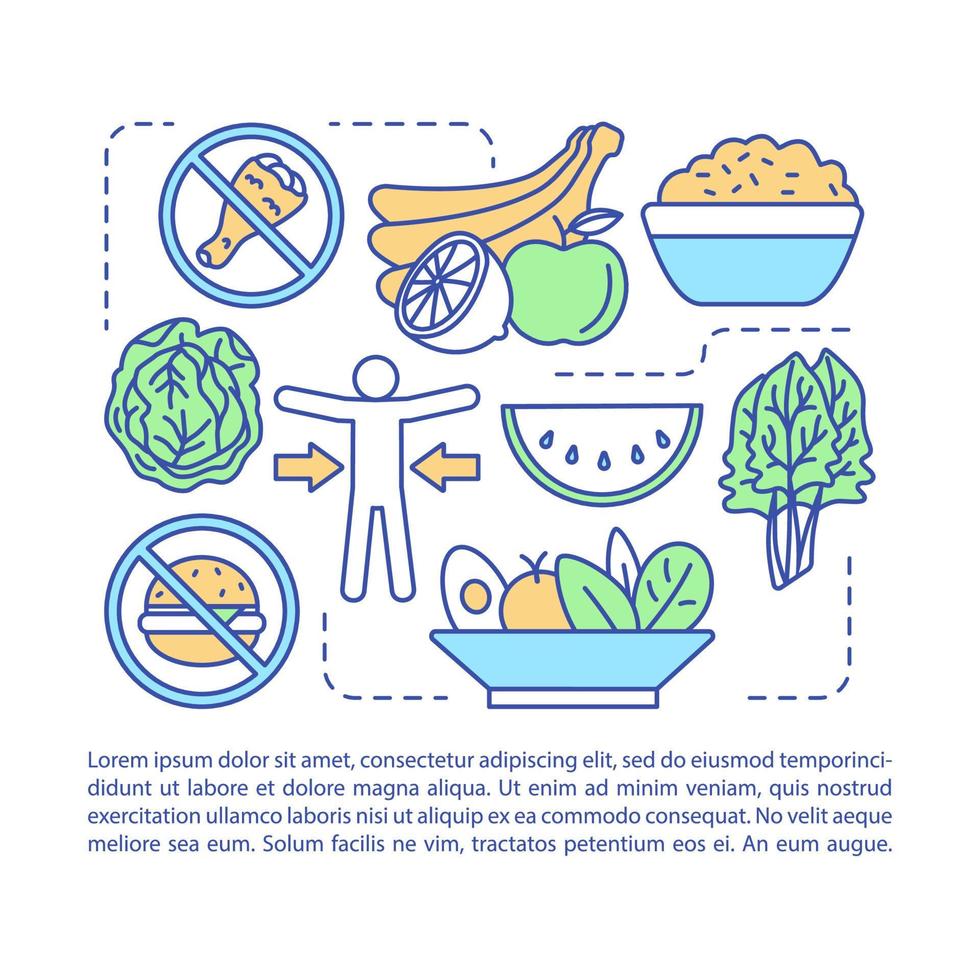 plantilla de vector de página de artículo de plan de nutrición. folleto de estilo de vida vegetariano, revista, elemento de diseño de folleto con iconos lineales y cuadros de texto. diseño de impresión. ilustraciones conceptuales con espacio de texto