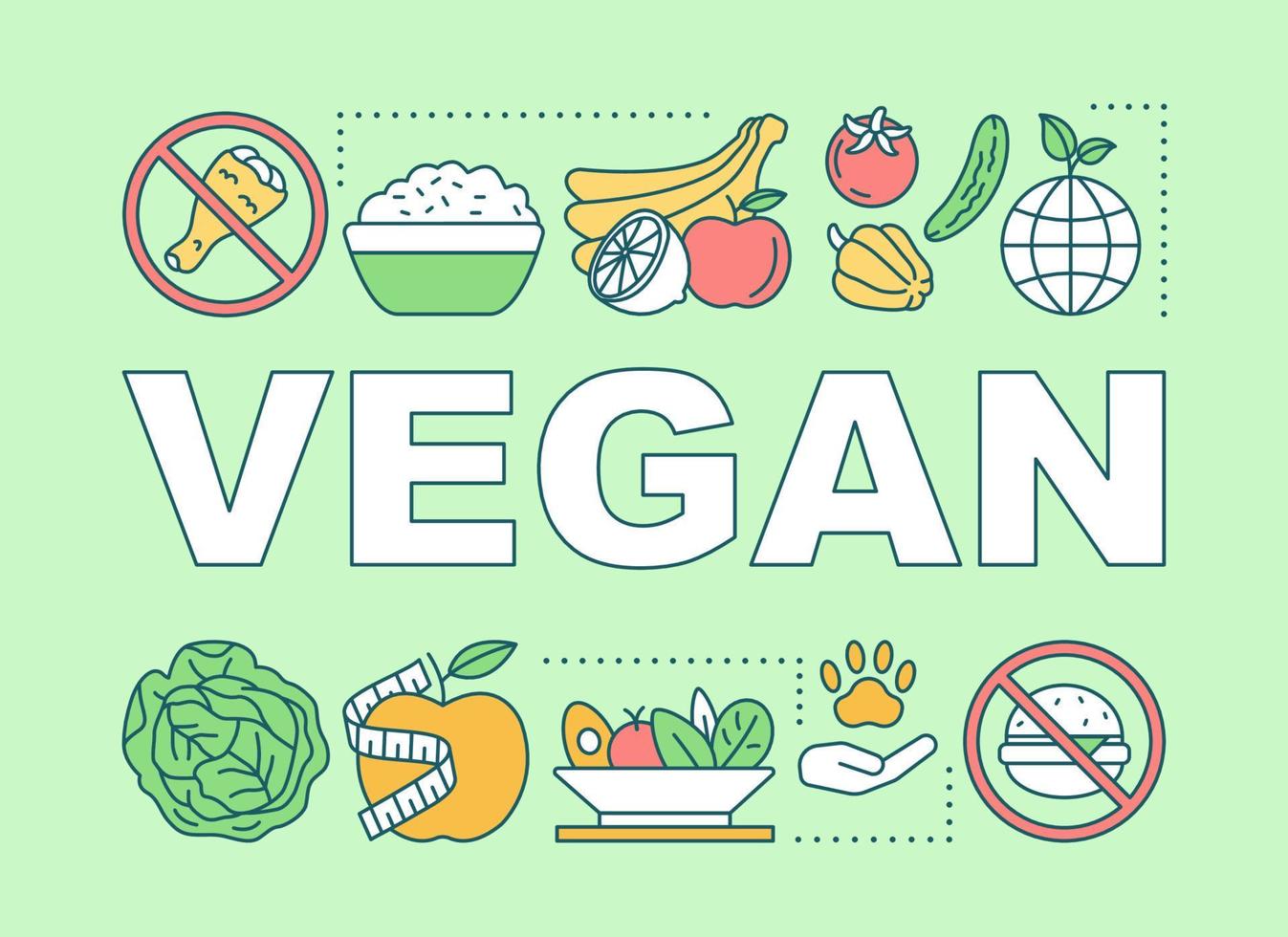 banner de conceptos de palabras de estilo de vida vegano. presentación de nutrición vegetariana, sitio web. idea de tipografía de letras aisladas con iconos lineales. ilustración de contorno de vector de frutas y verduras orgánicas