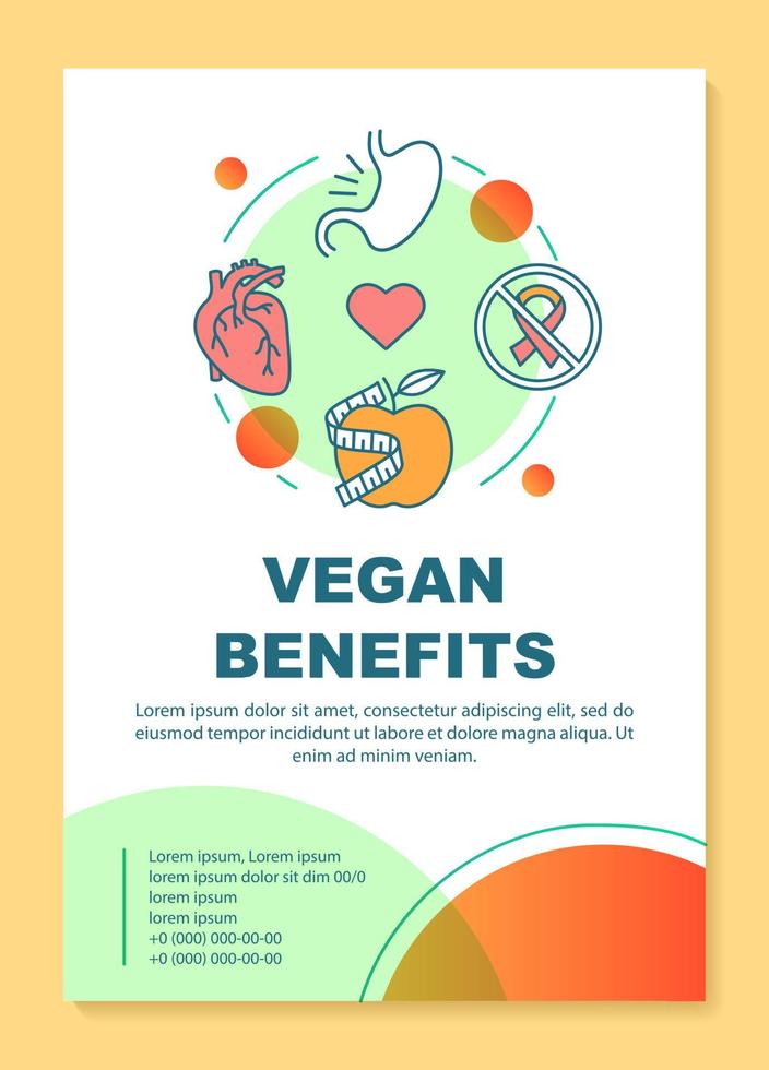 diseño de plantilla de folleto de dieta y salud. Folleto de beneficios veganos, folleto, diseño de impresión de folletos con ilustraciones lineales. diseños de páginas vectoriales para revistas, informes anuales, carteles publicitarios vector