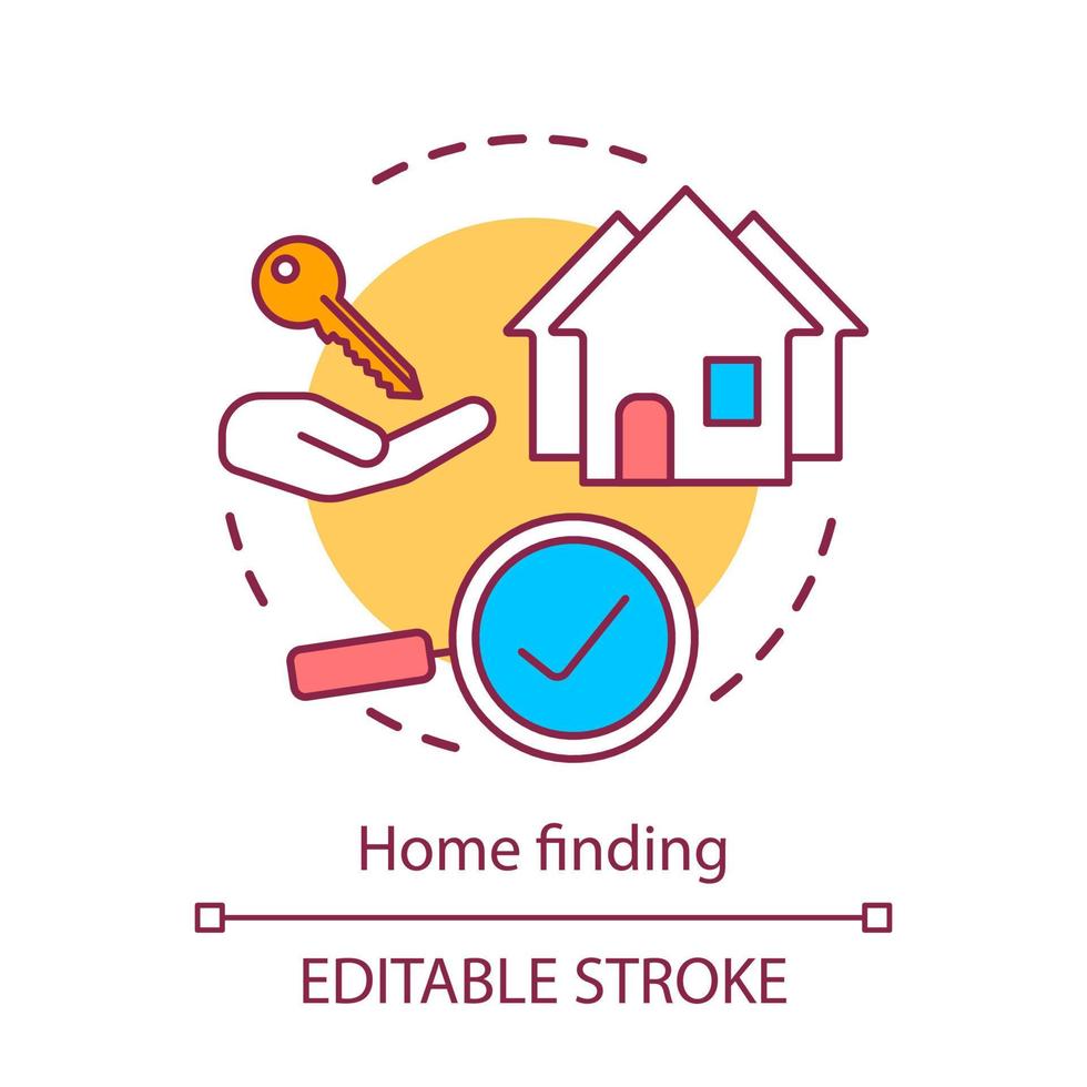 Home finding concept icon. Relocating services, new dwelling place choice idea thin line illustration. Purchasing house, renting apartment. Vector isolated outline drawing. Editable stroke..