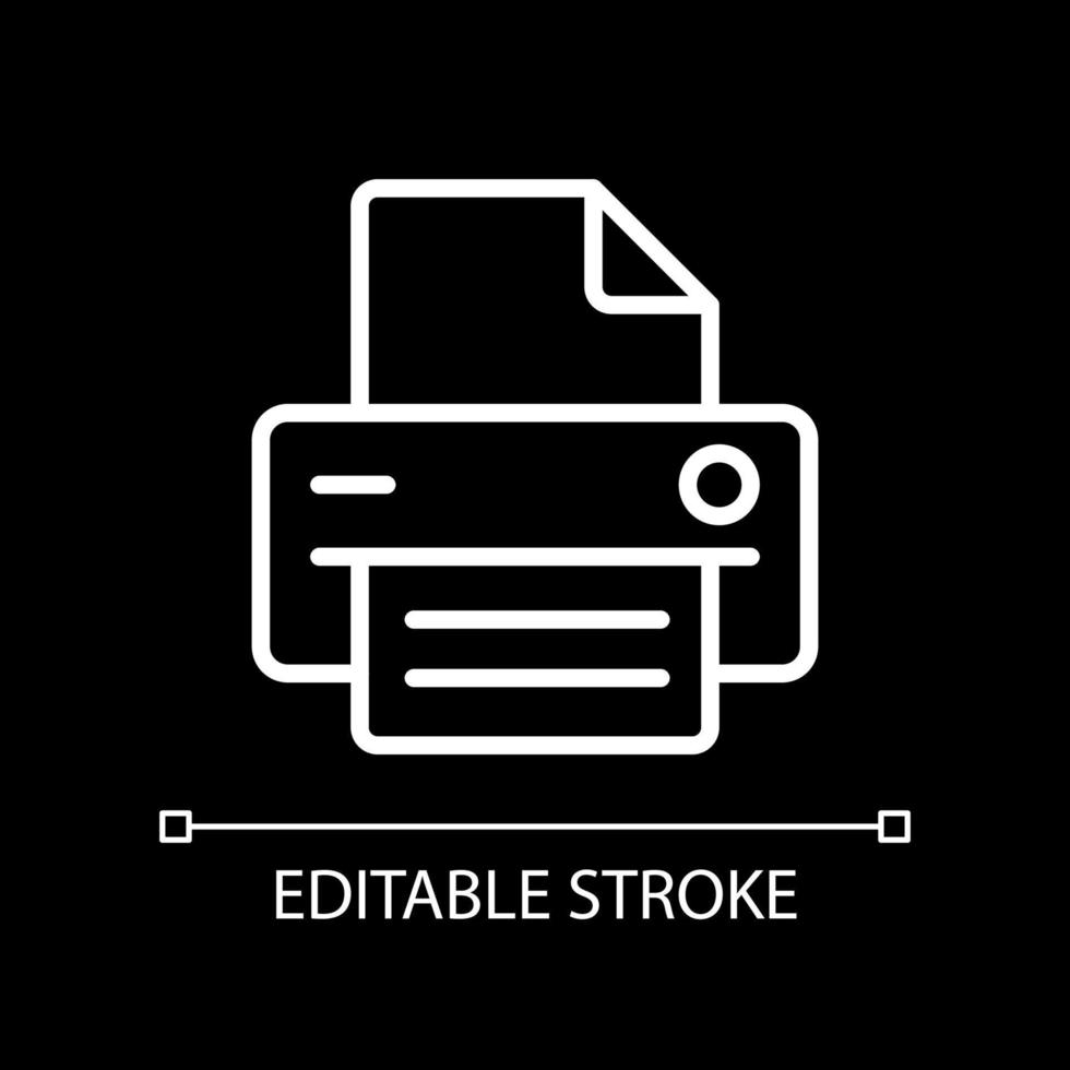Printer pixel perfect white linear icon for dark theme. Office equipment. Device for work purposes. Thin line illustration. Isolated symbol for night mode. Editable stroke. vector