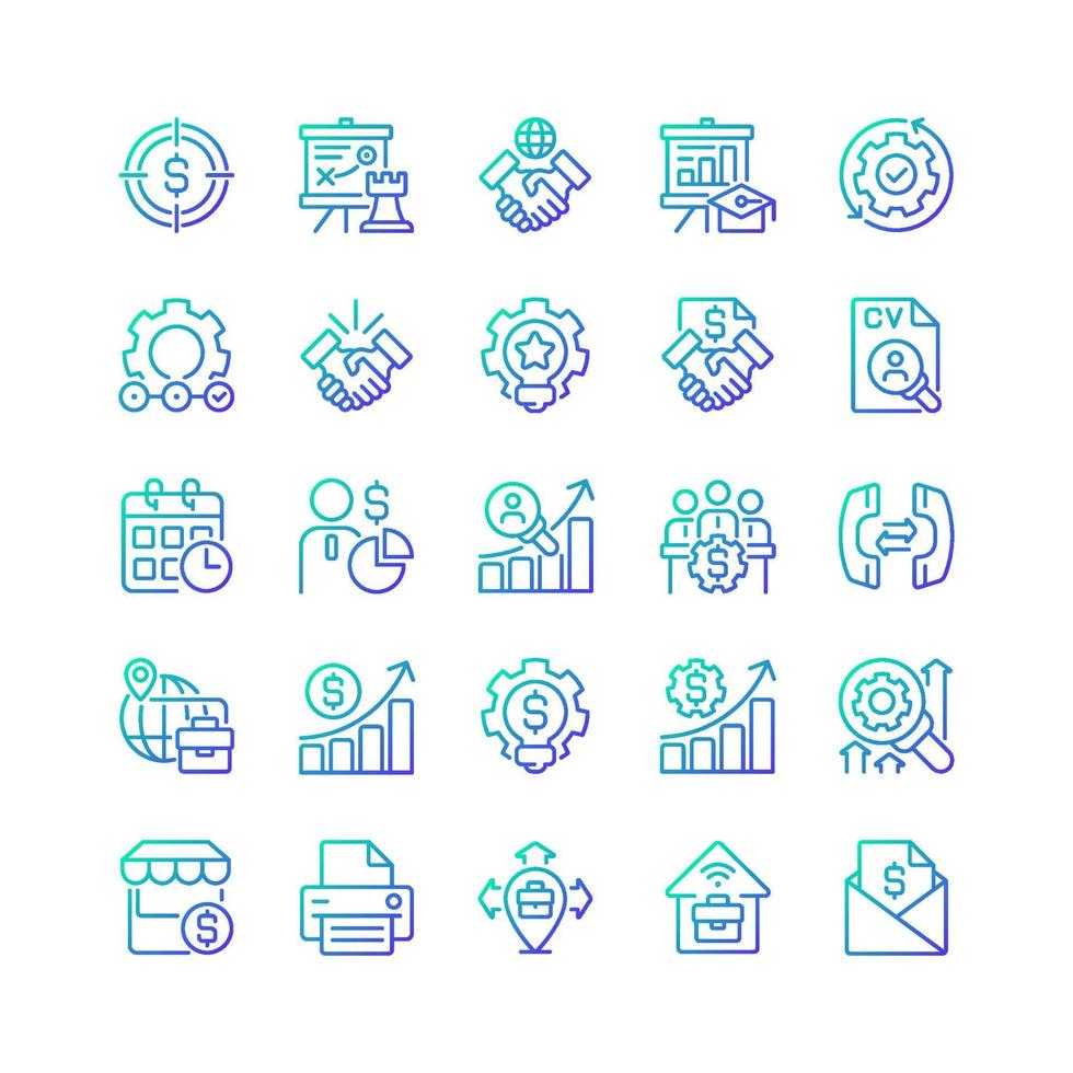 Business management gradient linear vector icons set. Marketing and sales. Corporate finance. Company growth. Thin line contour symbol designs bundle. Isolated outline illustrations collection