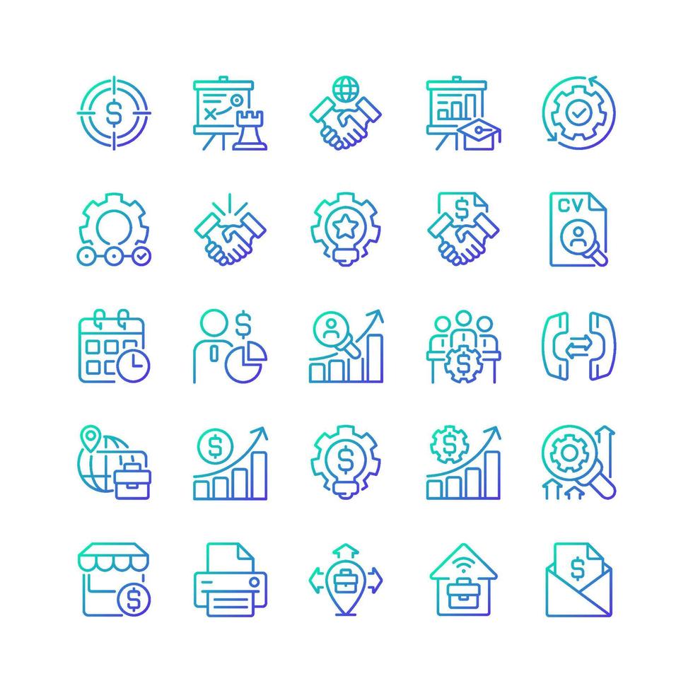 Business management gradient linear vector icons set. Marketing and sales. Corporate finance. Company growth. Thin line contour symbol designs bundle. Isolated outline illustrations collection