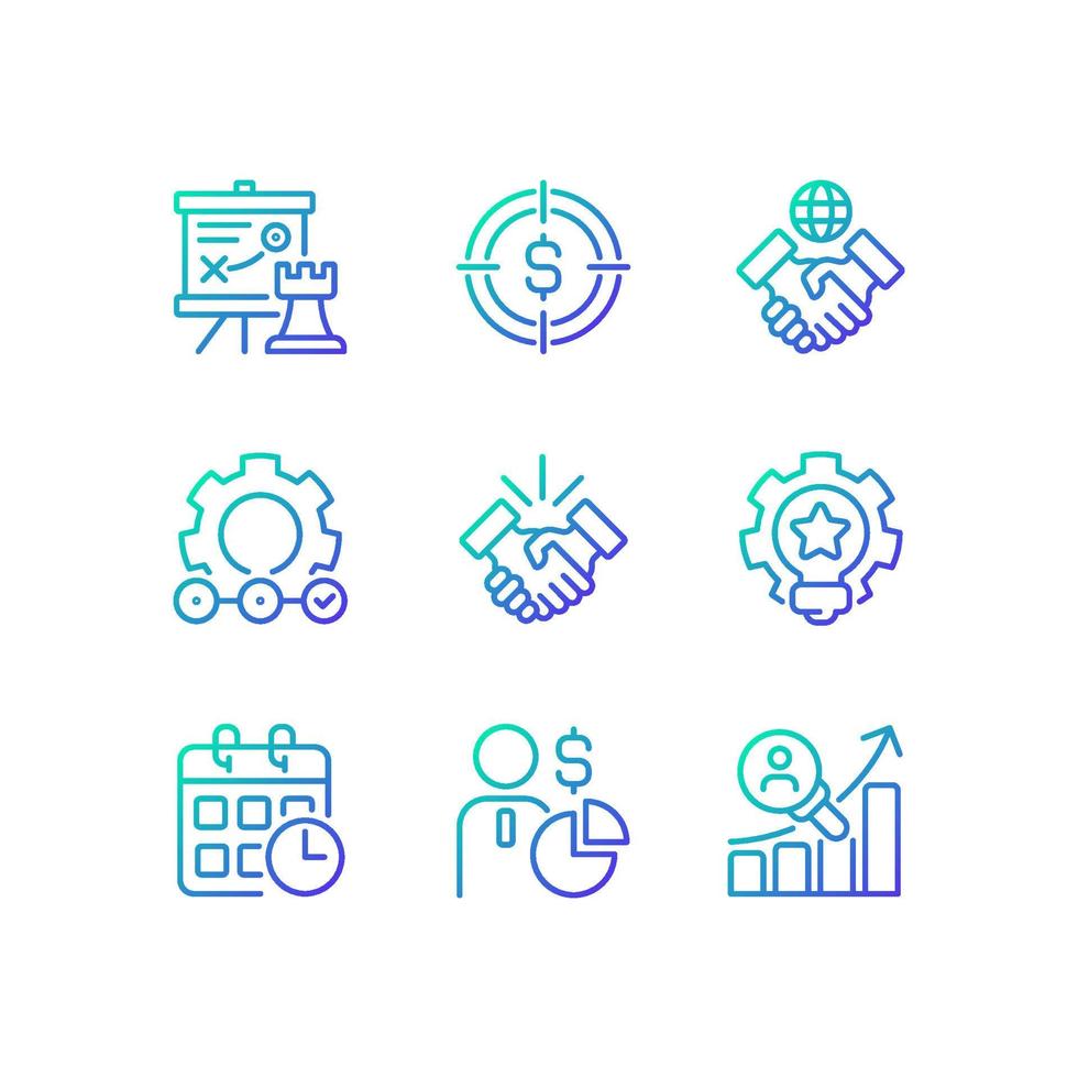 Business activities gradient linear vector icons set. Strategic management. Investment target. Deal making. Thin line contour symbol designs bundle. Isolated outline illustrations collection