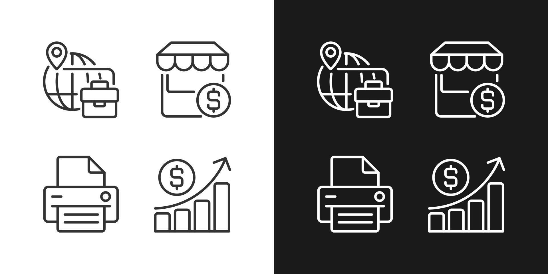 Iconos lineales perfectos de píxeles de desarrollo empresarial establecidos para el modo oscuro y claro. comercio electrónico símbolos de línea delgada para el tema de la noche y el día. ilustraciones aisladas. trazo editable. vector