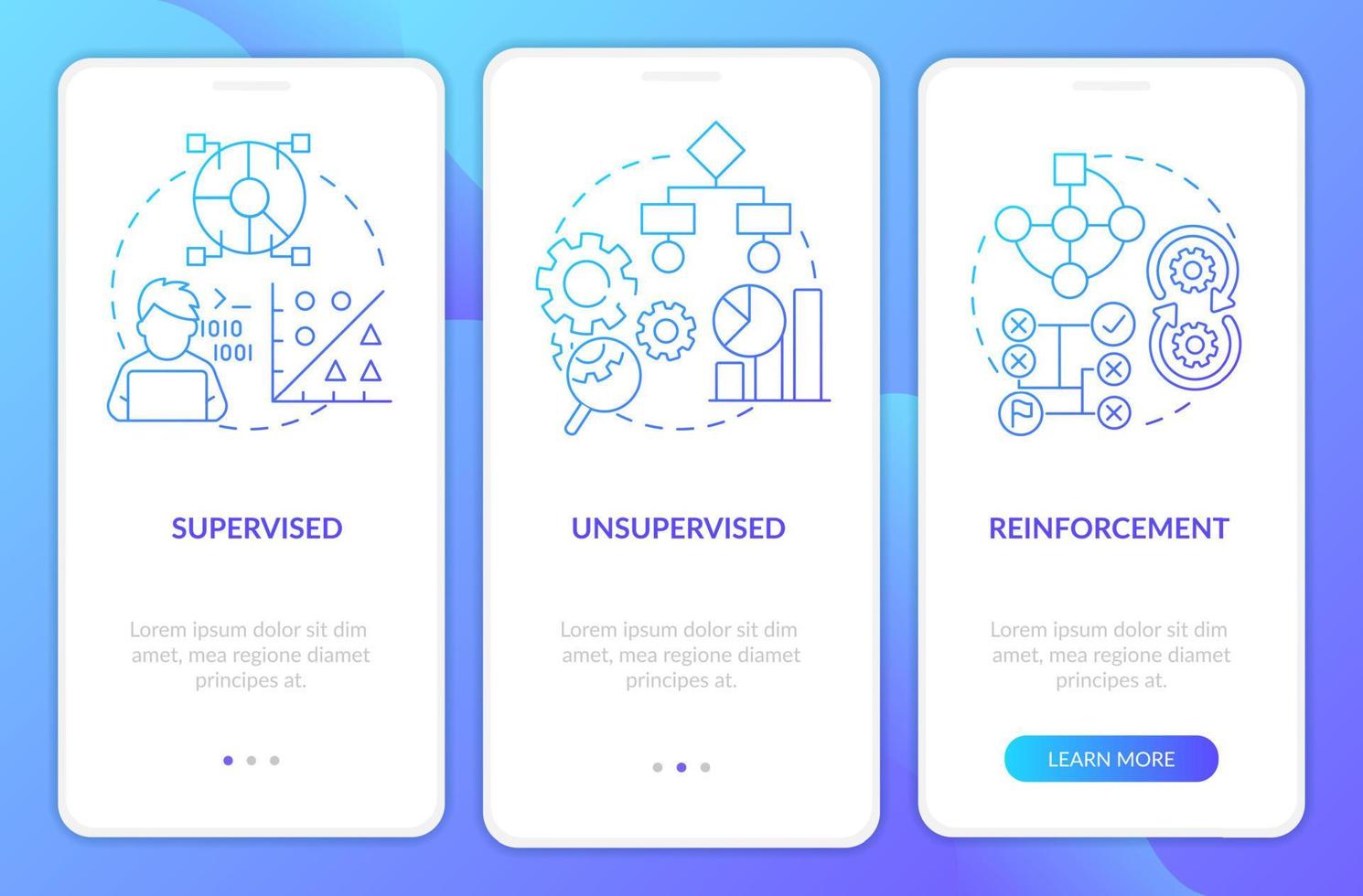 Machine learning categories blue gradient onboarding mobile app screen. Walkthrough 3 steps graphic instructions pages with linear concepts. UI, UX, GUI template. vector