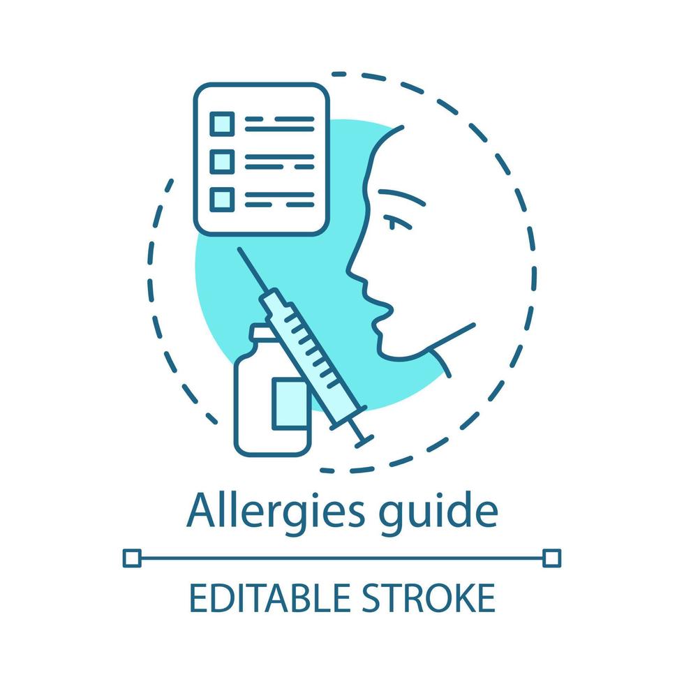 Allergies guide concept icon. Allergic disease information. Vaccination, immunization idea thin line illustration. Allergy causes, symptoms, treatment. Vector isolated outline drawing. Editable stroke