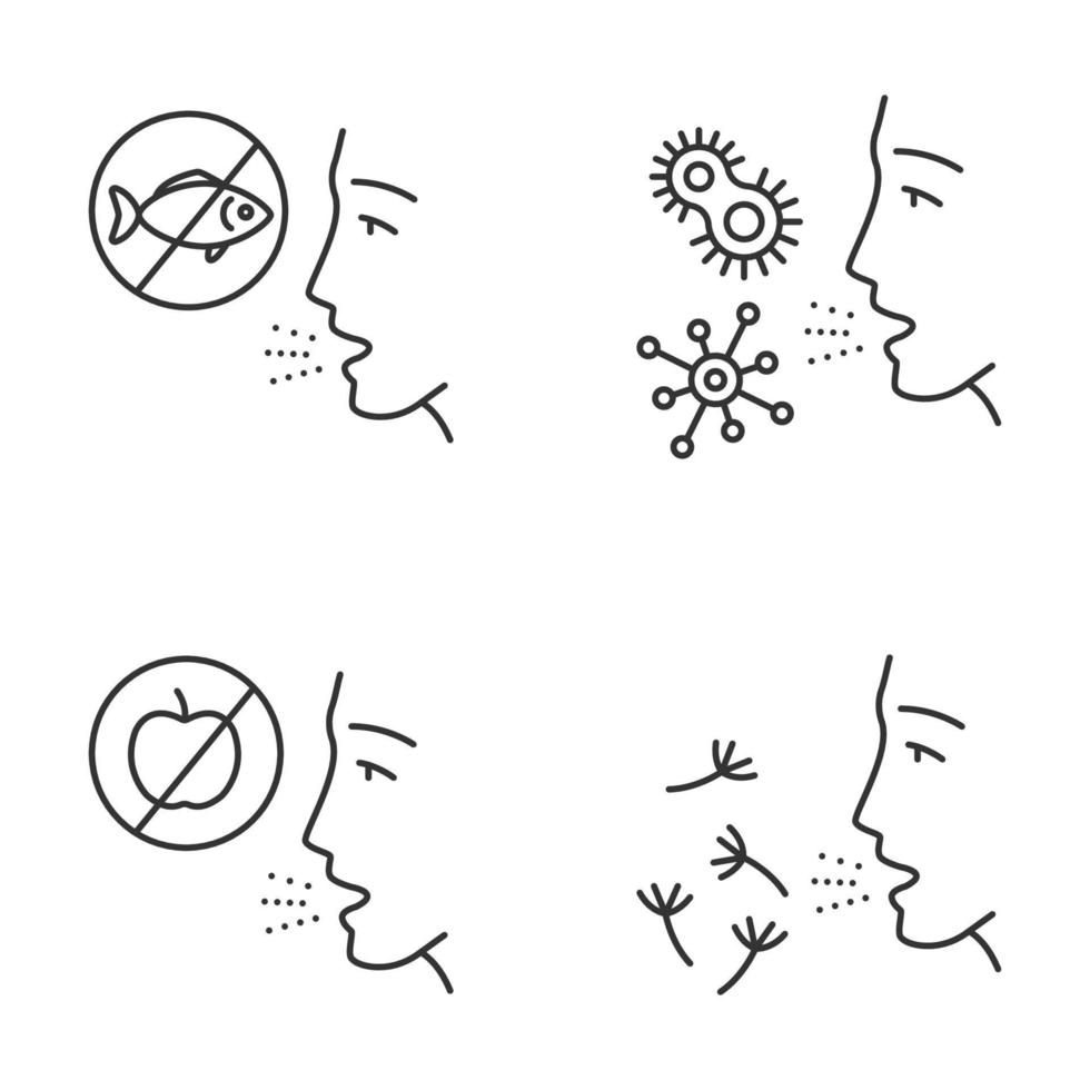 Allergies linear icons set. Food, pollen, bacteria intolerance. Allergen sources. Allergic diseases. Medical problem. Thin line contour symbols. Isolated vector outline illustrations. Editable stroke