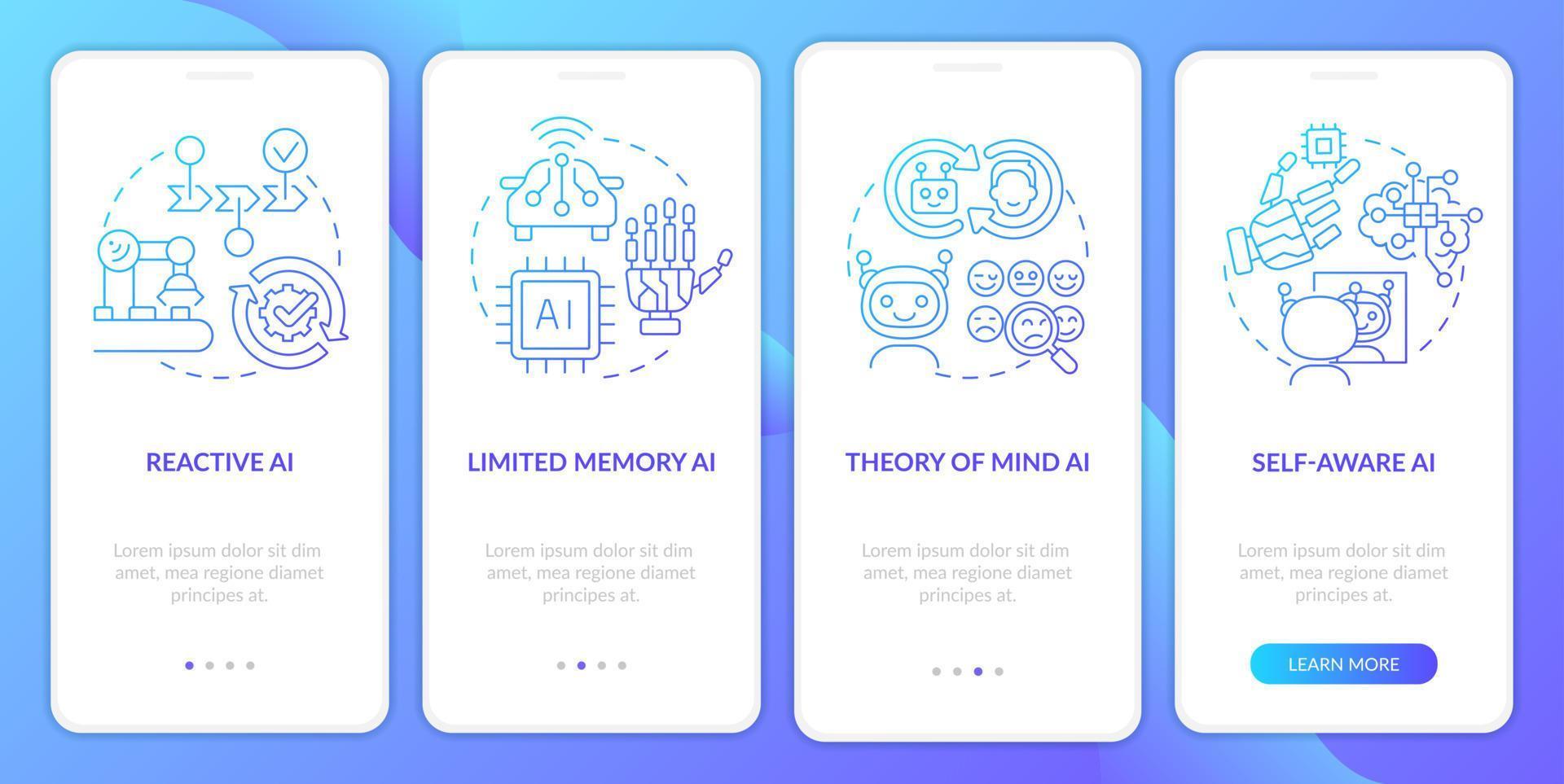 Artificial intelligence types blue gradient onboarding mobile app screen. Walkthrough 4 steps graphic instructions pages with linear concepts. UI, UX, GUI template. vector