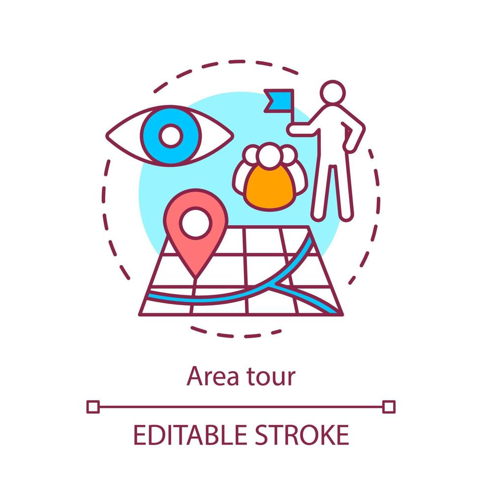 Area tour concept icon. Tourism, visiting sights, landmarks idea thin line illustration. Guide leading tourists group, showing attractions. Vector isolated outline drawing. Editable stroke