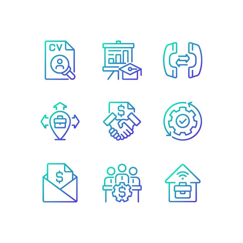 Business coordination gradient linear vector icons set. HR management. Professional skills. Discuss deals, sales. Thin line contour symbol designs bundle. Isolated outline illustrations collection