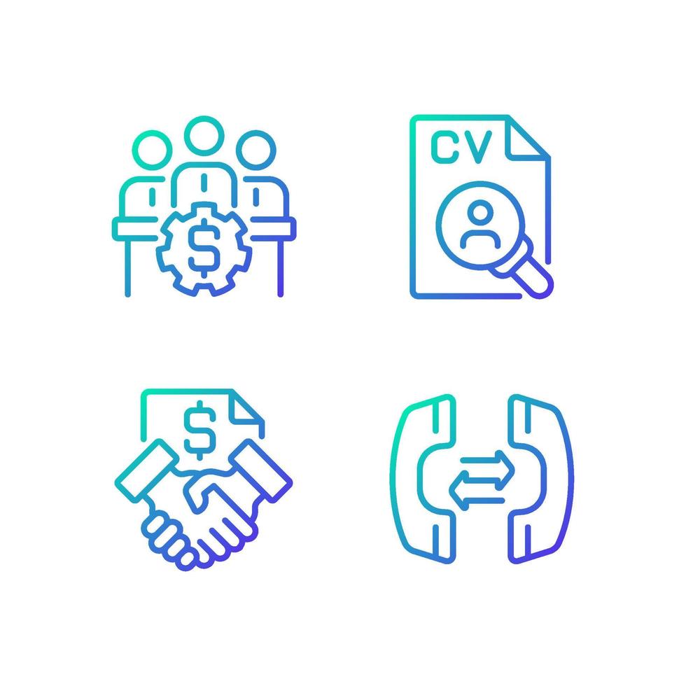 Business operations gradient linear vector icons set. Board of directors. Staffing process. Phone communication. Thin line contour symbol designs bundle. Isolated outline illustrations collection