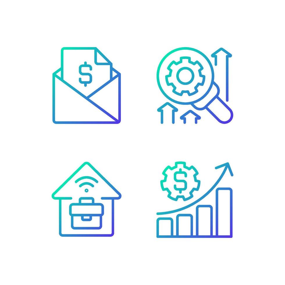 Company management structure gradient linear vector icons set. Sending contracts. Financial planning. Remote job. Thin line contour symbol designs bundle. Isolated outline illustrations collection