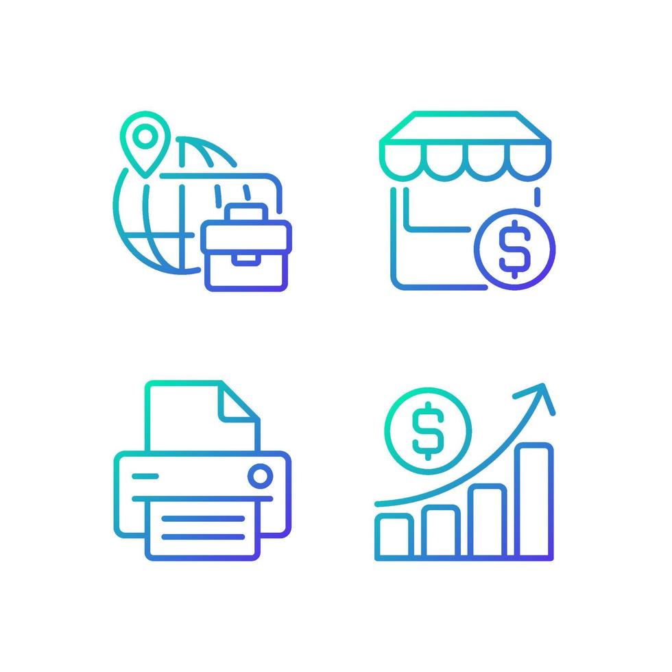 Business development gradient linear vector icons set. Traveling for company purposes. E commerce. Office printer. Thin line contour symbol designs bundle. Isolated outline illustrations collection