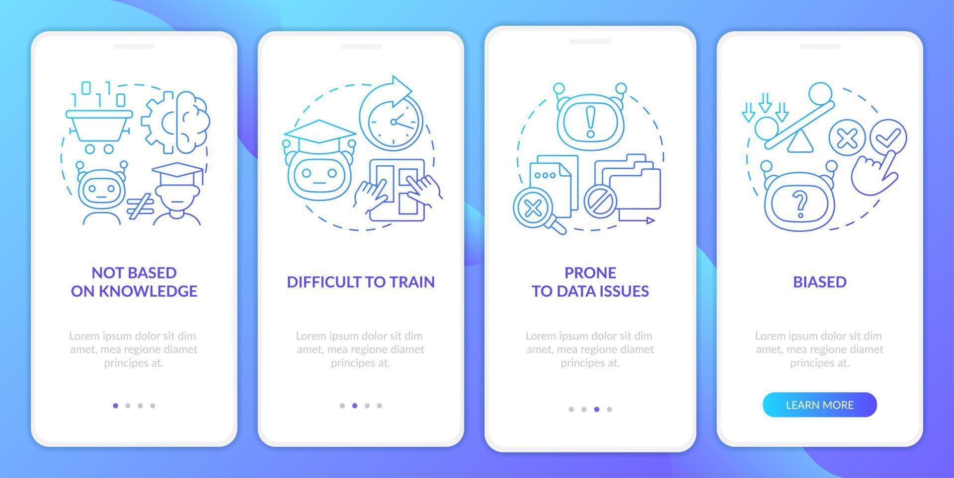 Drawbacks of machine learning blue gradient onboarding mobile app screen. Walkthrough 4 steps graphic instructions pages with linear concepts. UI, UX, GUI template. vector