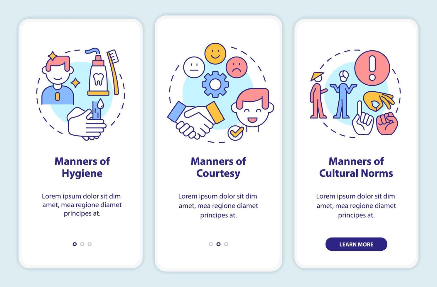 Etiquette categories onboarding mobile app screen. Set of rules walkthrough 3 steps graphic instructions pages with linear concepts. UI, UX, GUI template. vector