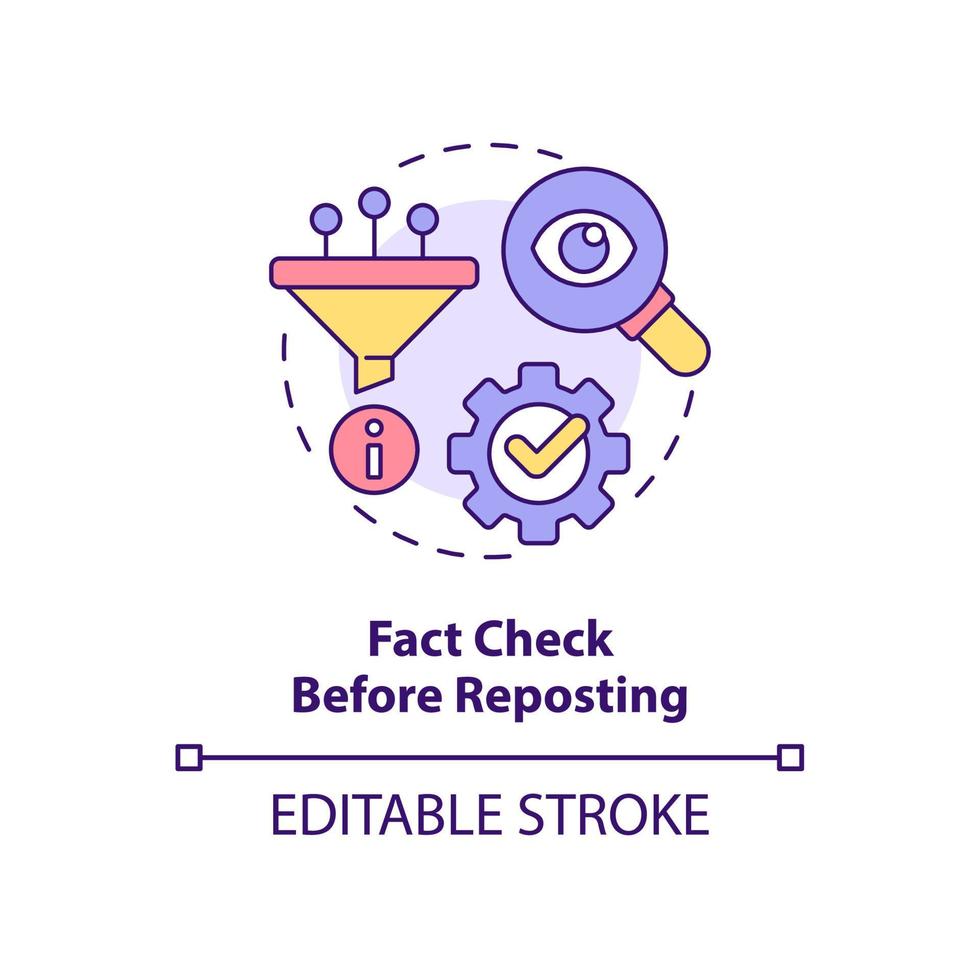 Fact check before reposting concept icon. Internet communication. Netiquette rule abstract idea thin line illustration. Isolated outline drawing. Editable stroke. vector