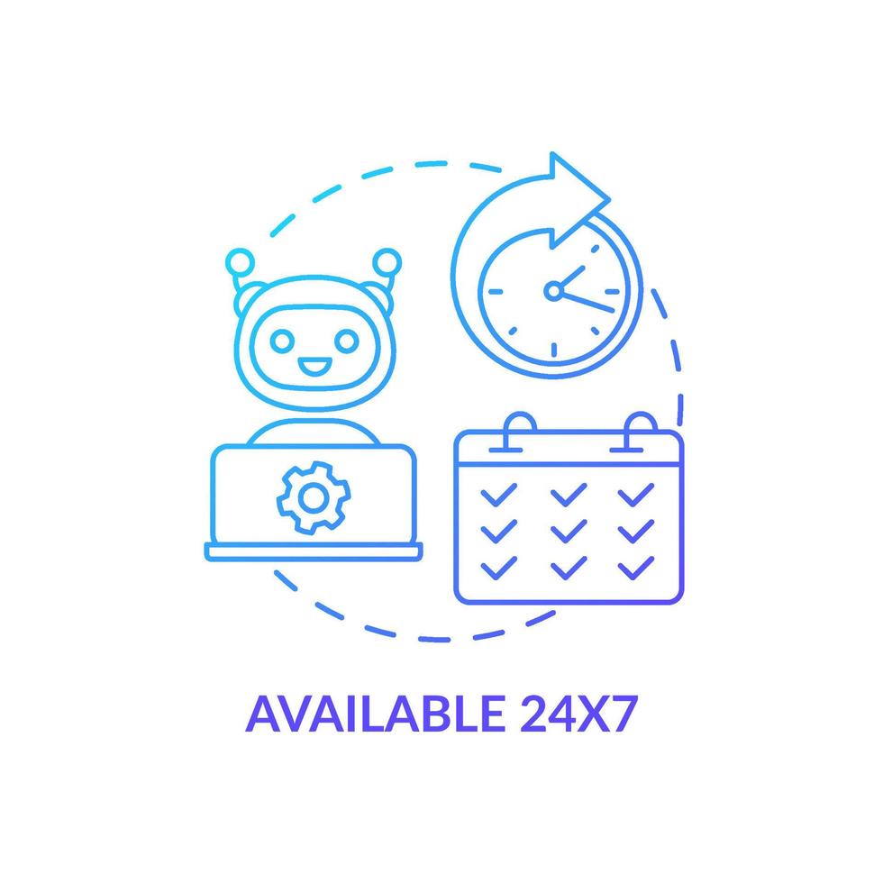 Available at any time blue gradient concept icon. Continual work. Artificial intelligence advantage abstract idea thin line illustration. Isolated outline drawing. vector