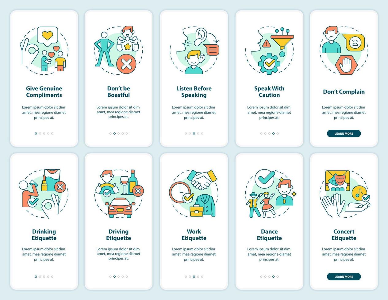 Etiquette onboarding mobile app screen set. Basic rules walkthrough 5 steps graphic instructions pages with linear concepts. UI, UX, GUI template. vector