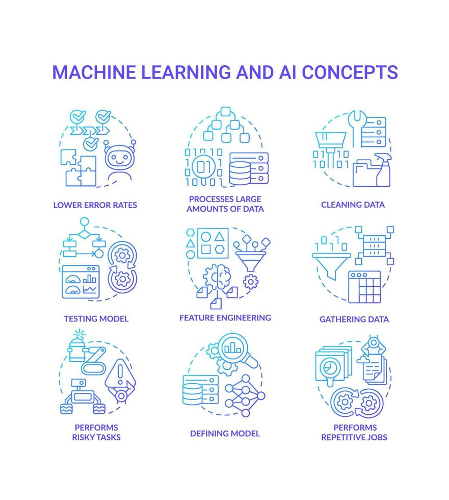 Machine learning and AI blue gradient concept icons set. Artificial intelligence advantages idea thin line color illustrations. Isolated symbols. vector