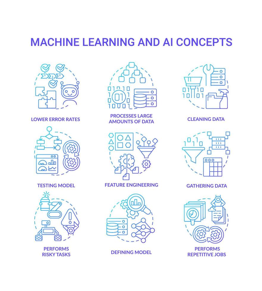 Machine learning and AI blue gradient concept icons set. Artificial intelligence advantages idea thin line color illustrations. Isolated symbols. vector