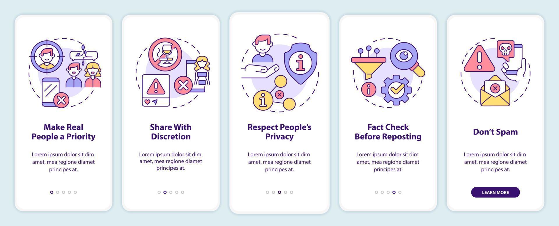 reglas de netiqueta que incorporan la pantalla de la aplicación móvil. Tutorial de interacción en línea Páginas de instrucciones gráficas de 5 pasos con conceptos lineales. interfaz de usuario, ux, plantilla de interfaz gráfica de usuario. vector