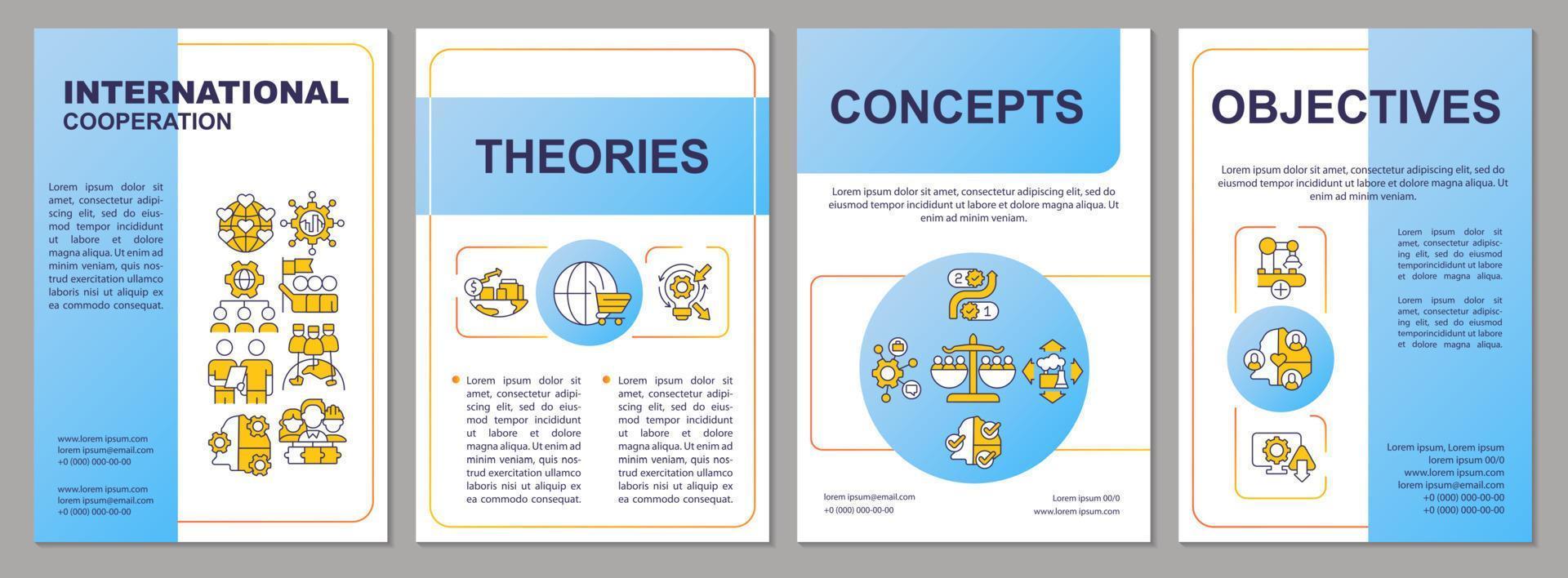 International cooperation blue brochure template. Society progress. Leaflet design with linear icons. 4 vector layouts for presentation, annual reports.