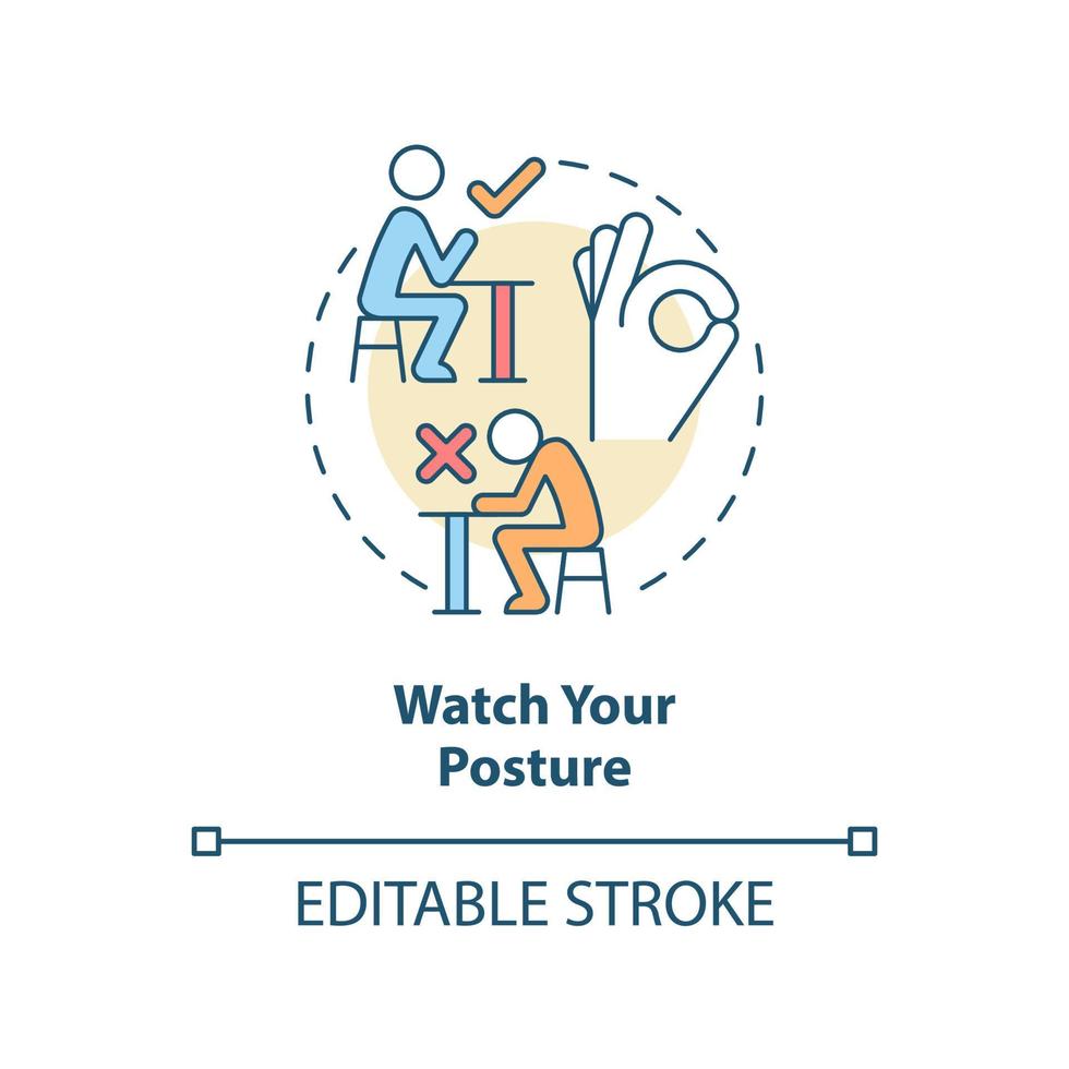 Watch your posture concept icon. Keep elbows off table. Restaurant etiquette abstract idea thin line illustration. Isolated outline drawing. Editable stroke. vector