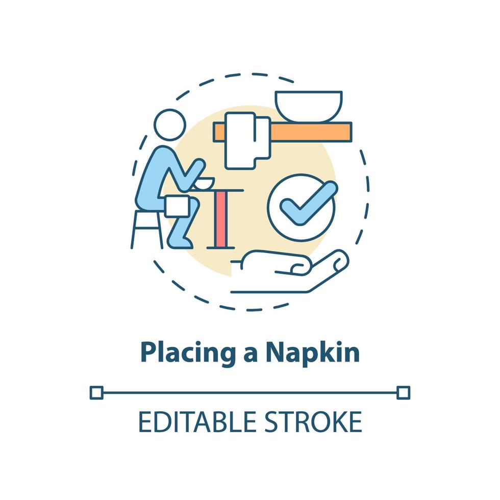 Placing napkin concept icon. Place serviette on lap. Restaurant etiquette abstract idea thin line illustration. Isolated outline drawing. Editable stroke. vector