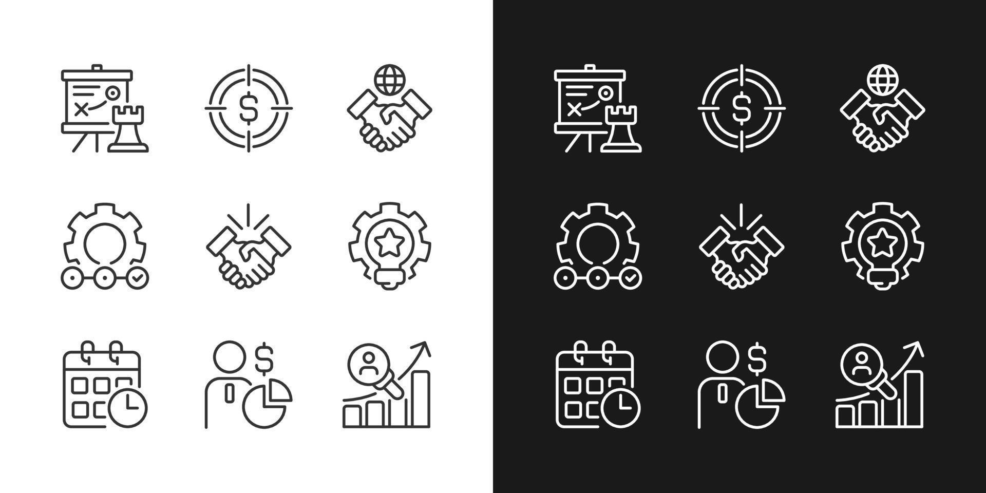 Business activities pixel perfect linear icons set for dark, light mode. Thin line symbols for night, day theme. Isolated illustrations. Editable stroke. vector