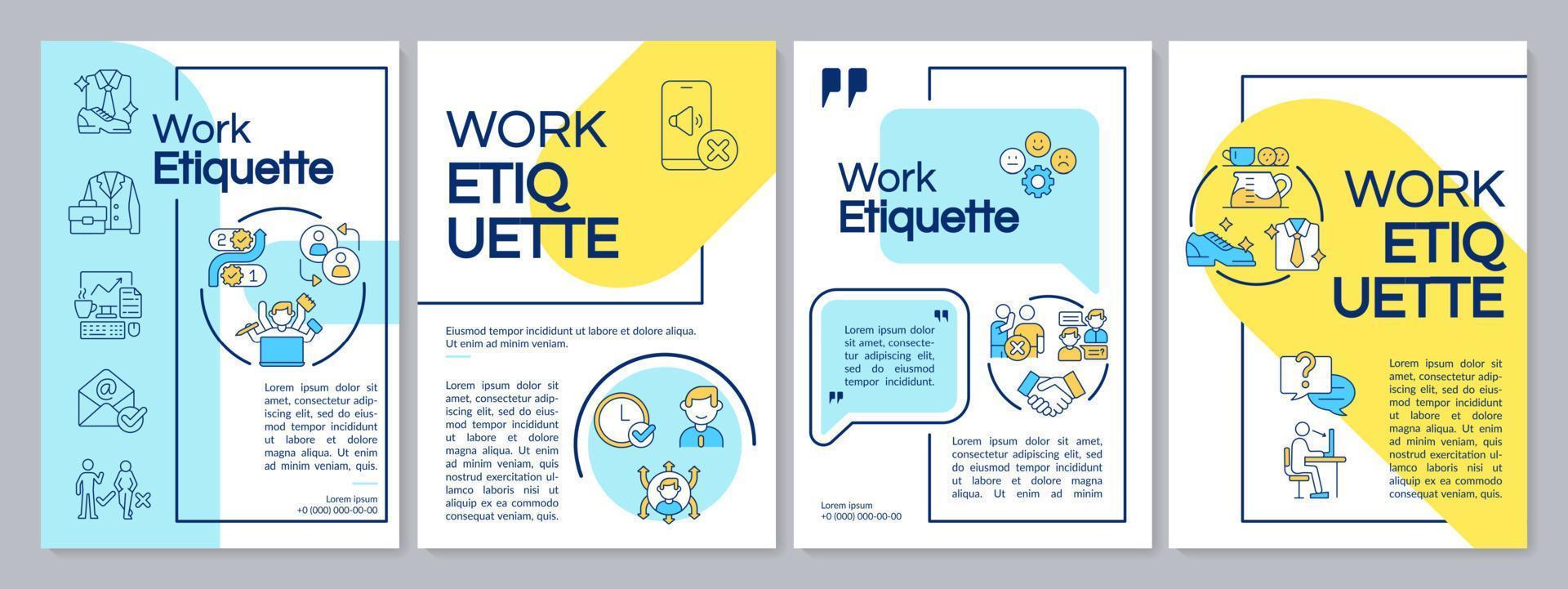 etiqueta de trabajo plantilla de folleto amarillo y azul. código ético del lugar de trabajo. diseño de folletos con iconos lineales. 4 diseños vectoriales para presentación, informes anuales. vector