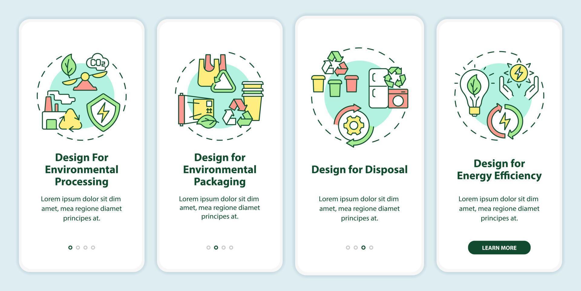 Design for environment onboarding mobile app screen. Eco industry walkthrough 4 steps graphic instructions pages with linear concepts. UI, UX, GUI template. vector