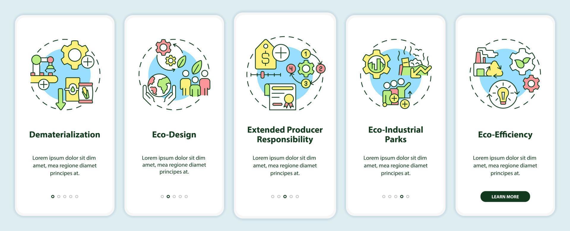 Areas of industrial ecology onboarding mobile app screen. Increasing walkthrough 5 steps graphic instructions pages with linear concepts. UI, UX, GUI template. vector