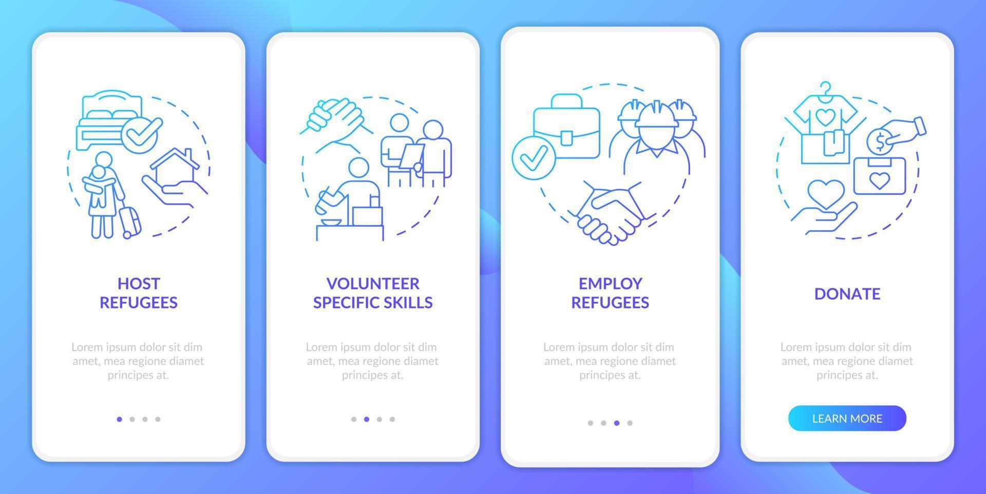 Supporting refugees blue gradient onboarding mobile app screen. Walkthrough 4 steps graphic instructions pages with linear concepts. UI, UX, GUI template. vector