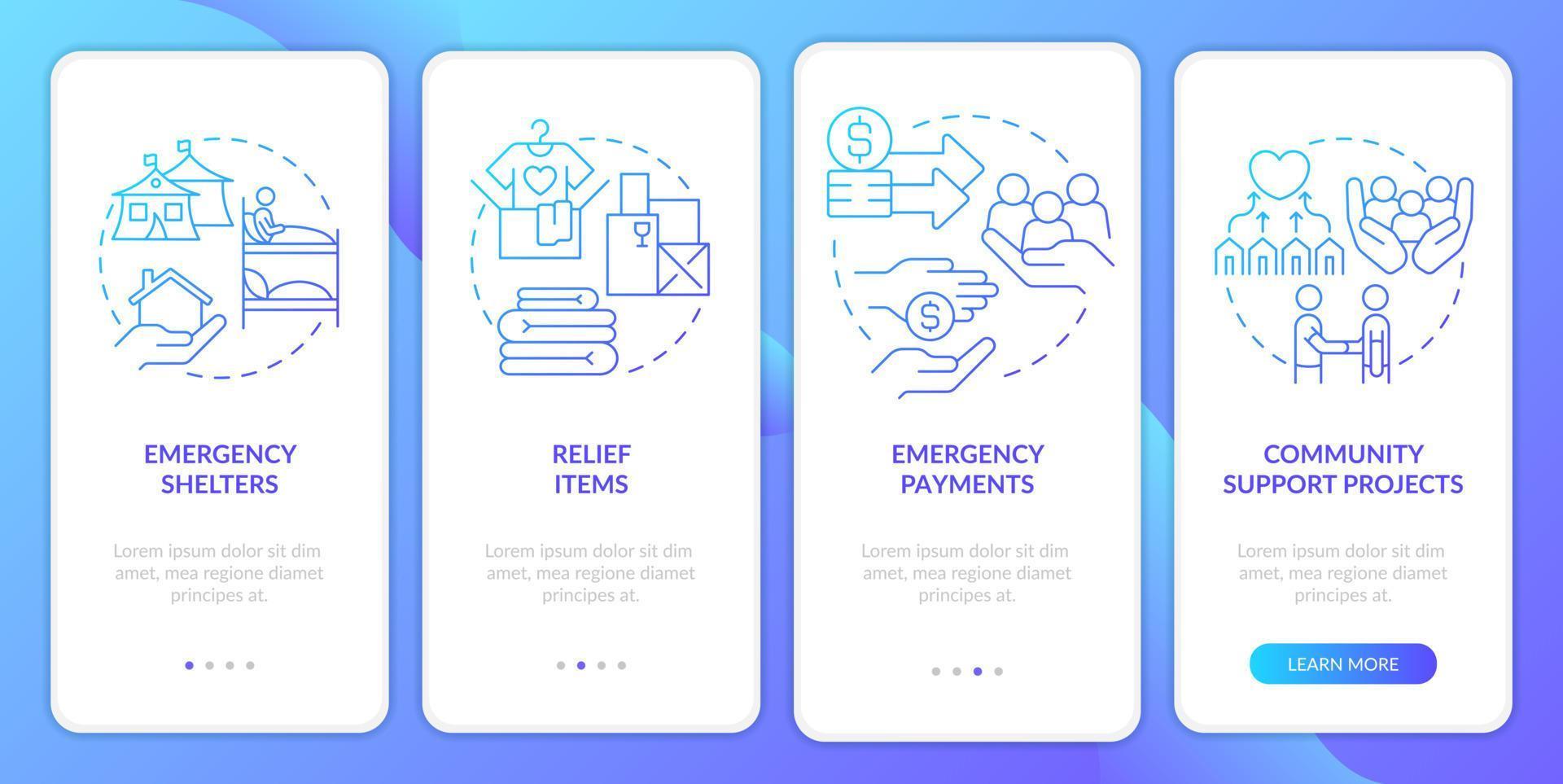 Ways to help refugees blue gradient onboarding mobile app screen. Walkthrough 4 steps graphic instructions pages with linear concepts. UI, UX, GUI template. vector