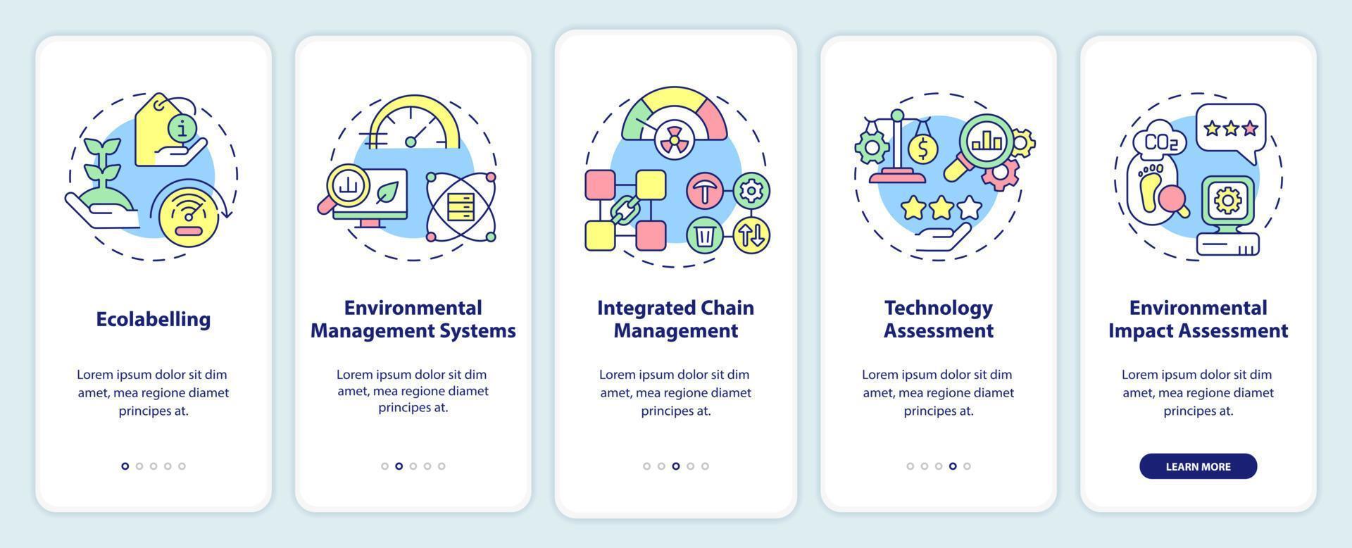 Tools of industrial ecology onboarding mobile app screen. Environment walkthrough 5 steps graphic instructions pages with linear concepts. UI, UX, GUI template. vector