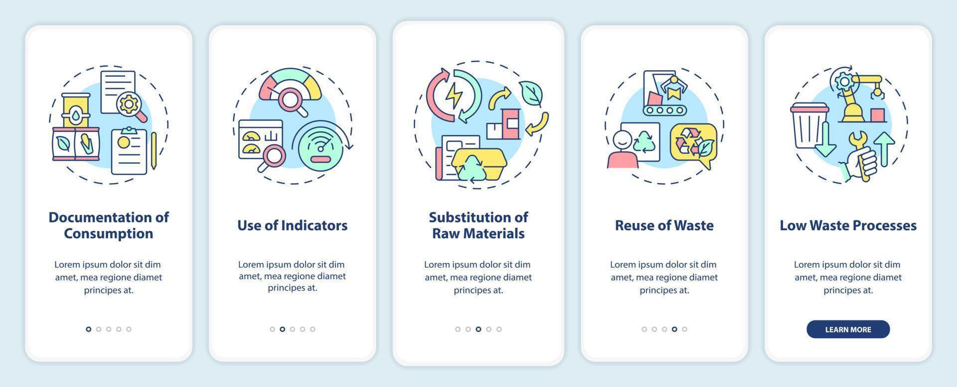 opciones de producción más limpia incorporando la pantalla de la aplicación móvil. Guía de la industria ecológica Páginas de instrucciones gráficas de 5 pasos con conceptos lineales. interfaz de usuario, ux, plantilla de interfaz gráfica de usuario. vector