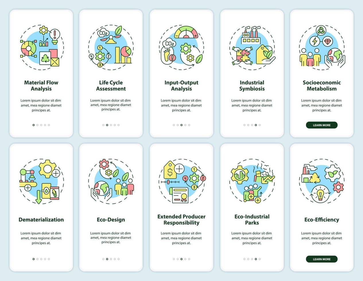 conjunto de pantalla de aplicación móvil de incorporación de ecología industrial. tutorial de sostenibilidad páginas de instrucciones gráficas de 5 pasos con conceptos lineales. interfaz de usuario, ux, plantilla de interfaz gráfica de usuario. vector