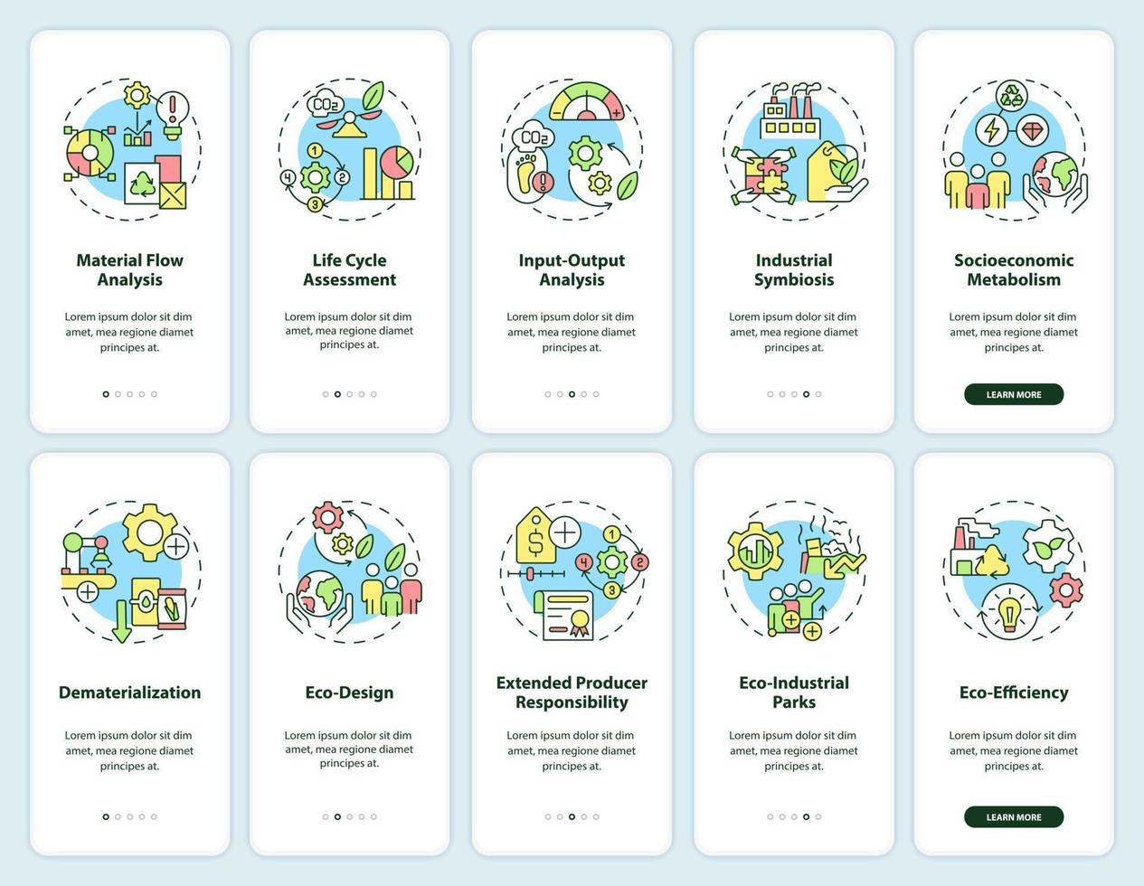 Industrial ecology onboarding mobile app screen set. Sustainability walkthrough 5 steps graphic instructions pages with linear concepts. UI, UX, GUI template. vector
