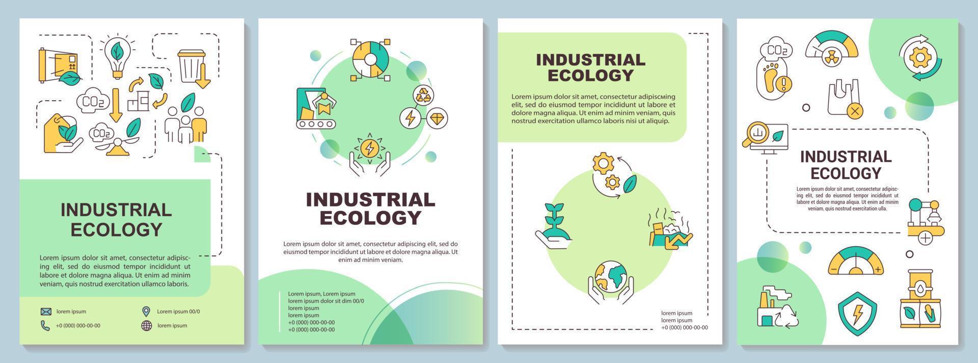 Industrial ecology system green brochure template. Clean production. Leaflet design with linear icons. 4 vector layouts for presentation, annual reports.