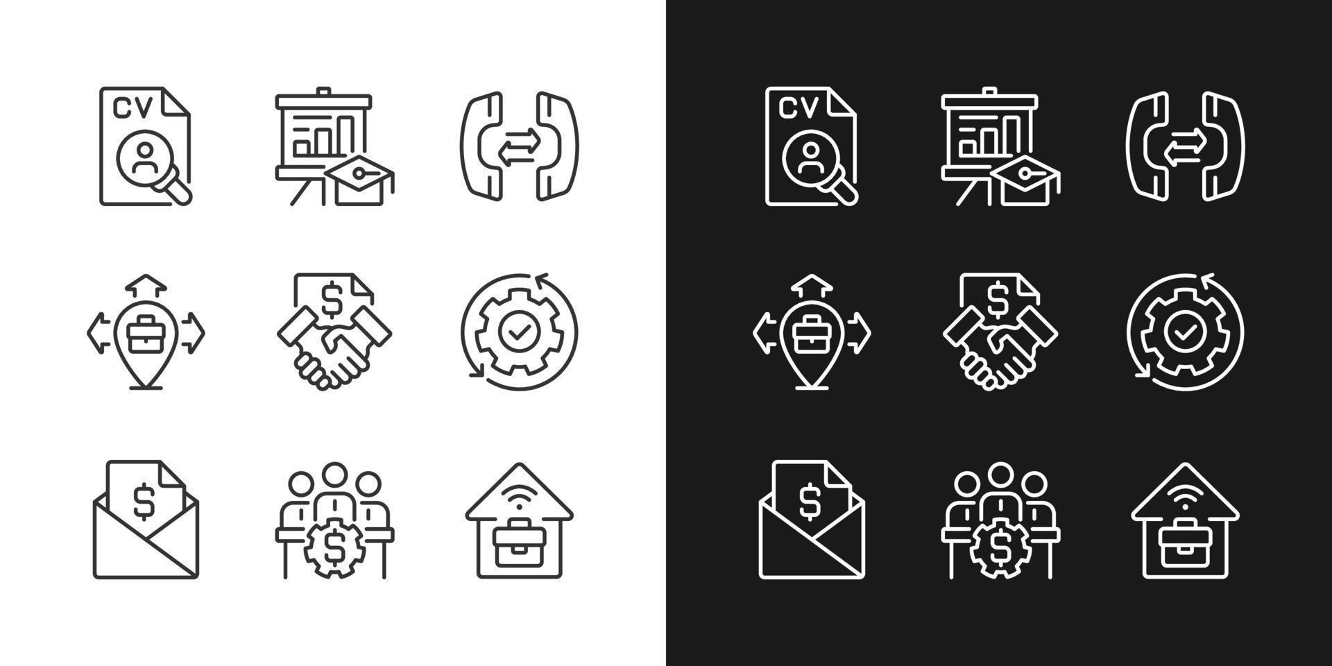 Business coordination pixel perfect linear icons set for dark, light mode. Thin line symbols for night, day theme. Isolated illustrations. Editable stroke. vector