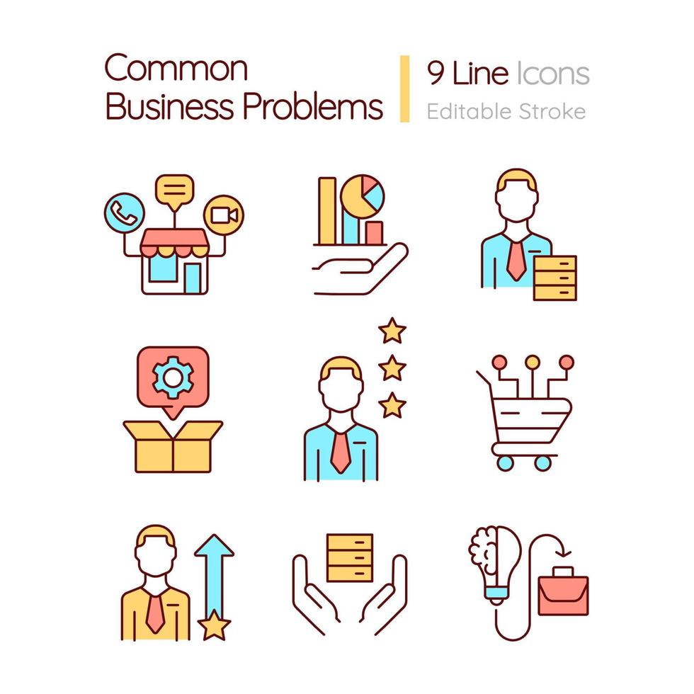 Common business problems RGB color icons set. Commerce management. Customer loyalty. Isolated vector illustrations. Simple filled line drawings collection. Editable stroke.