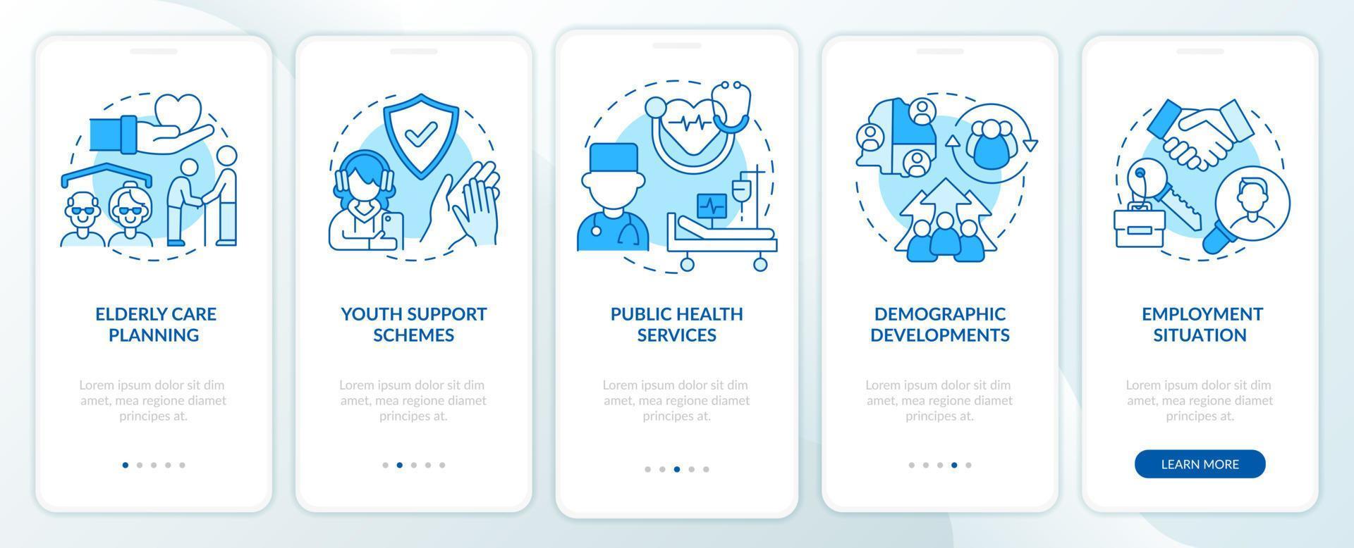 Social planning examples blue onboarding mobile app screen. Walkthrough 5 steps graphic instructions pages with linear concepts. UI, UX, GUI template. vector