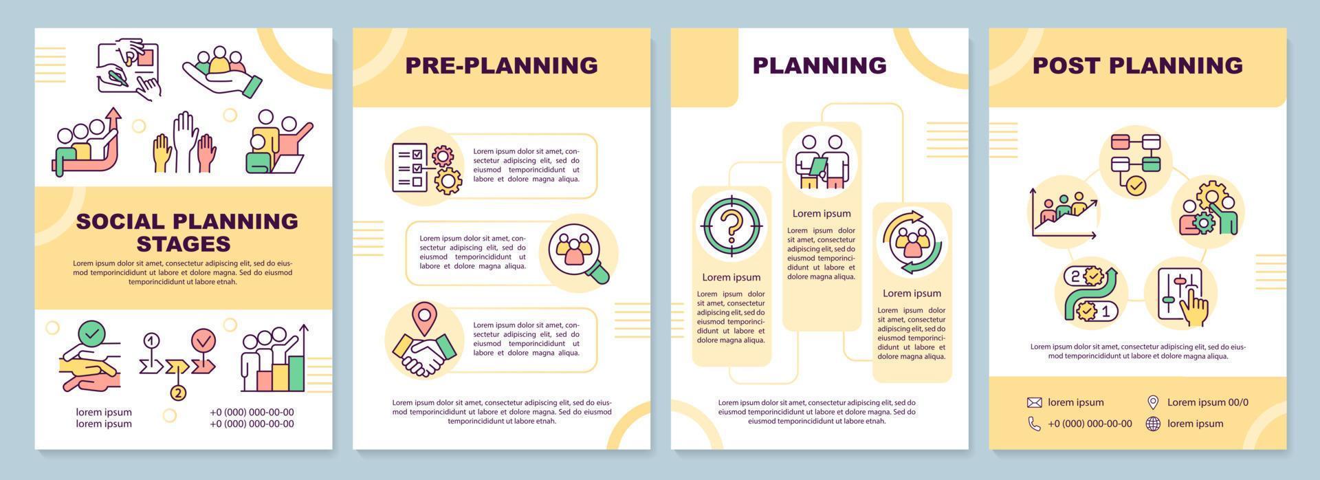 Social planning stages brochure template. Society changes. Leaflet design with linear icons. 4 vector layouts for presentation, annual reports.