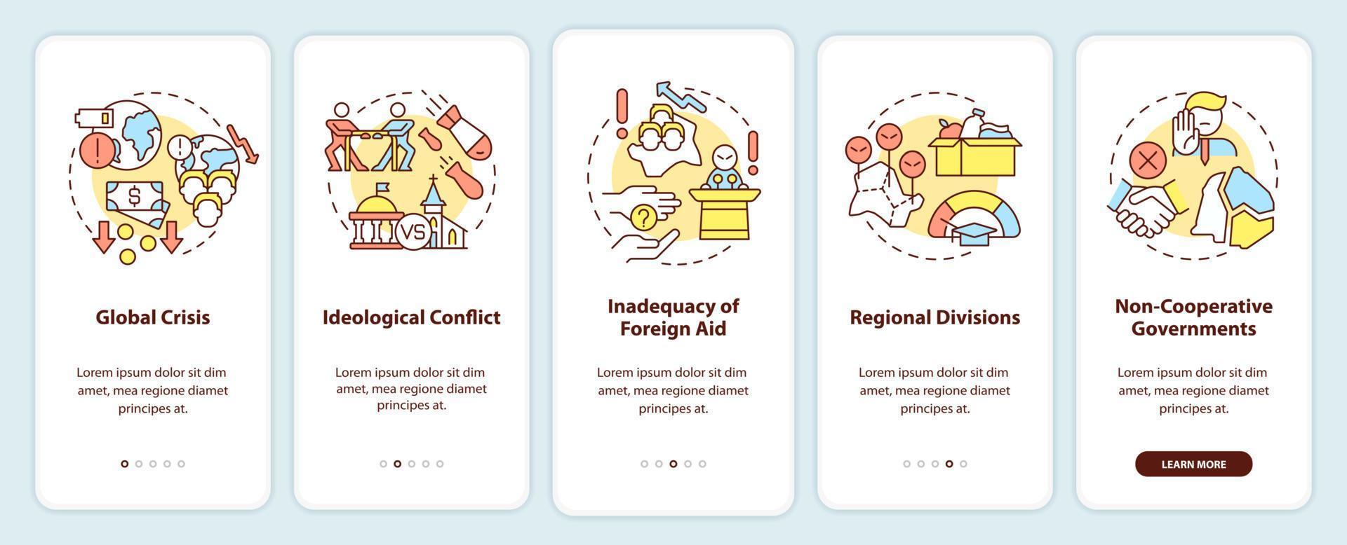 Lack of international cooperation problems onboarding mobile app screen. Walkthrough 5 steps graphic instructions pages with linear concepts. UI, UX, GUI template. vector