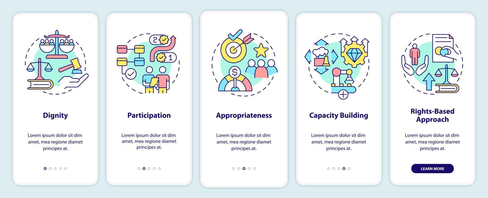 Concepts of international cooperation onboarding mobile app screen. Walkthrough 5 steps graphic instructions pages with linear concepts. UI, UX, GUI template. vector