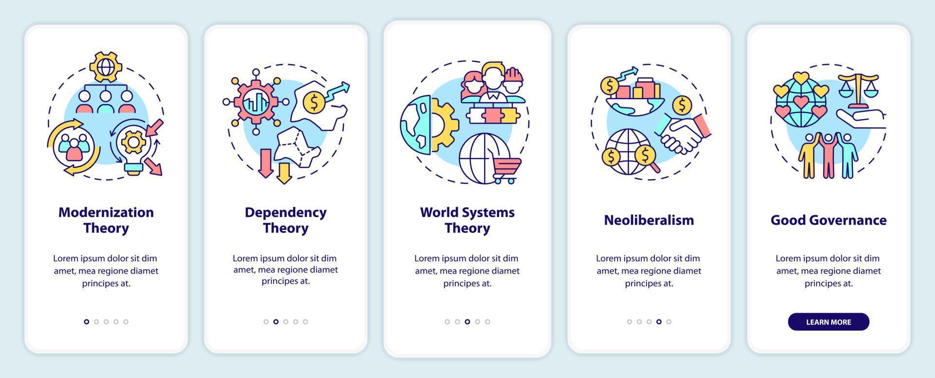 Society development theories onboarding mobile app screen. Global process walkthrough 5 steps graphic instructions pages with linear concepts. UI, UX, GUI template. vector